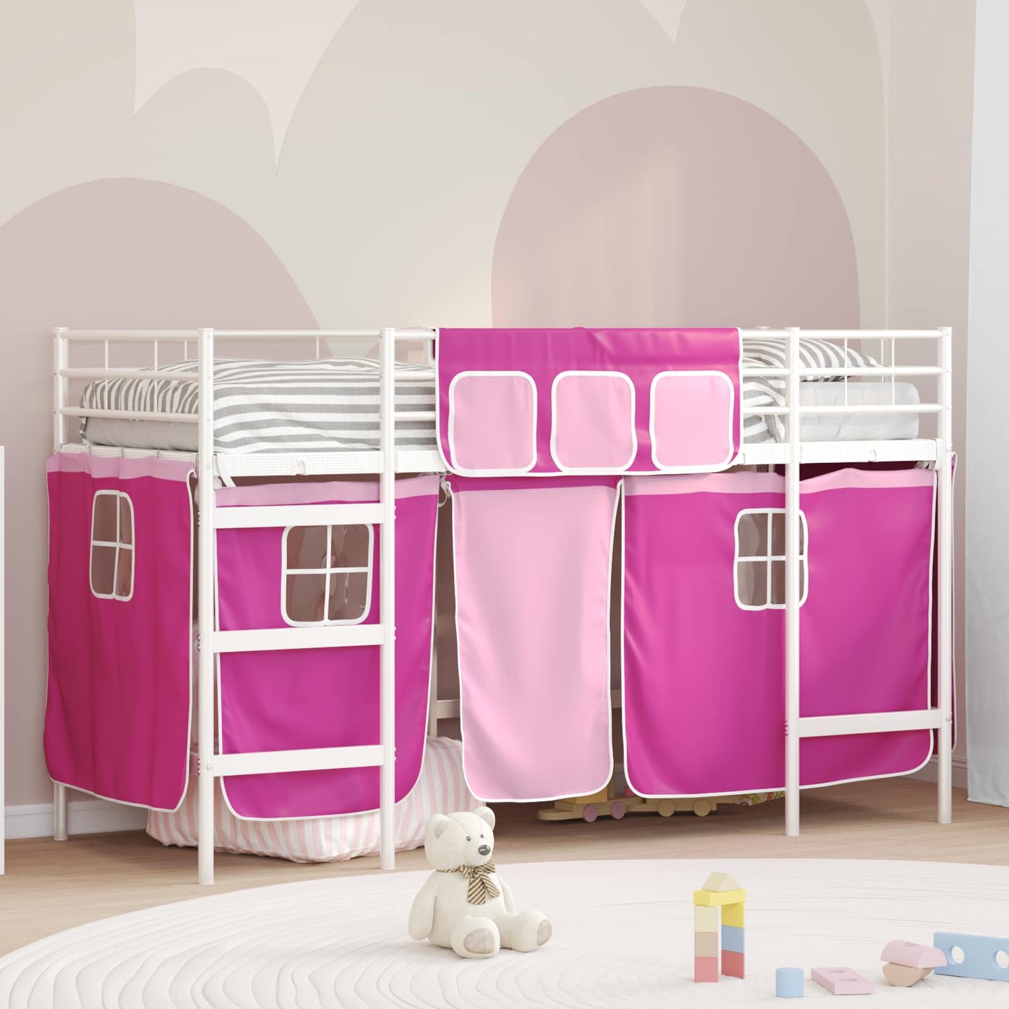 Kids'Loft Bed Frame with Curtains White and Pink 100 x 190 cm