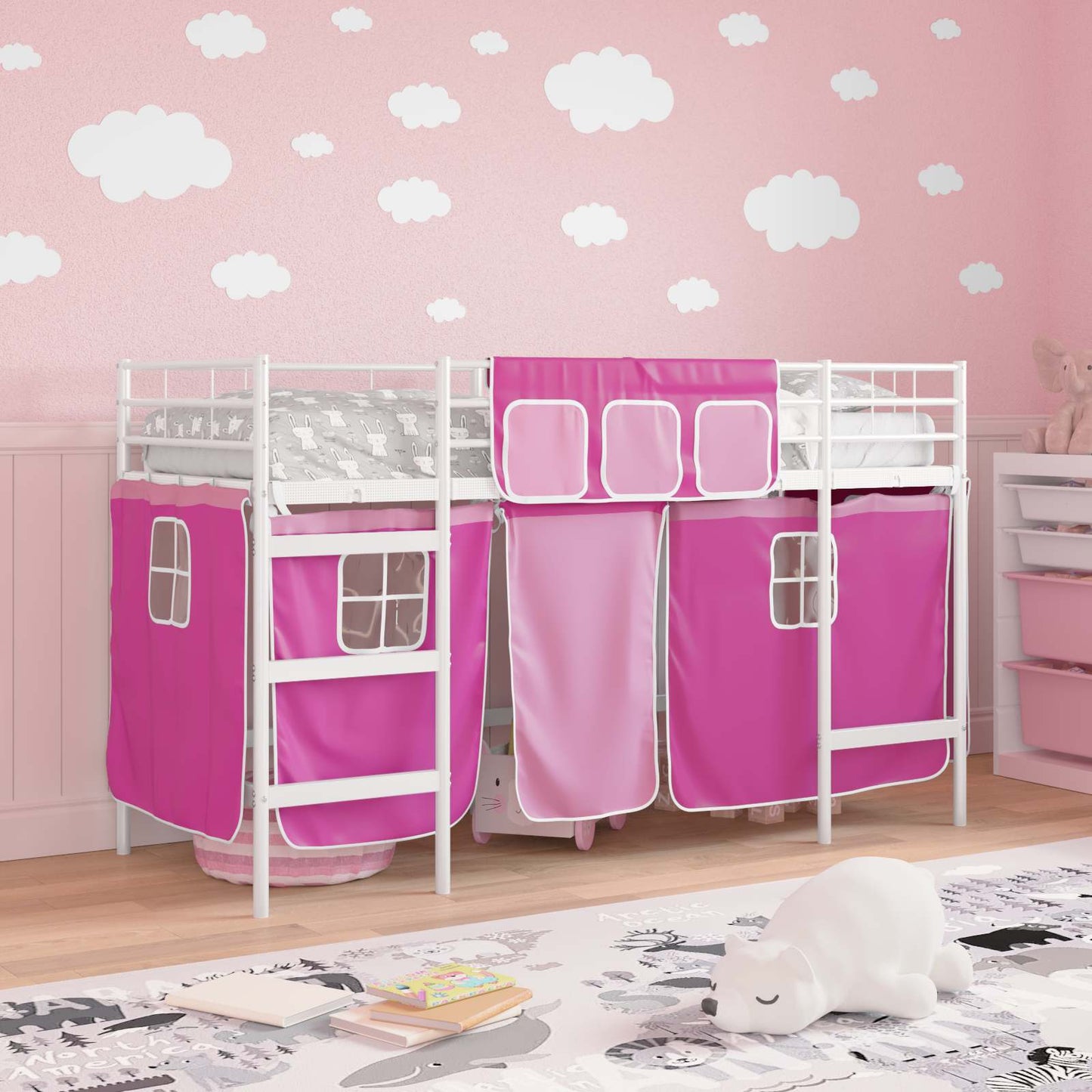 Kids'Loft Bed Frame with Curtains White and Pink 100 x 190 cm