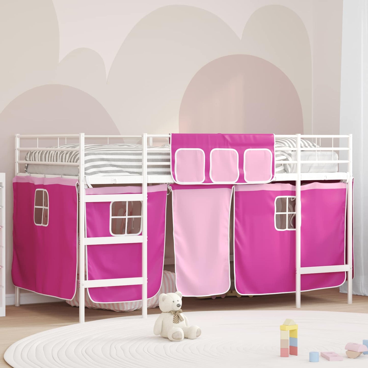 Kids'Loft Bed Frame with Curtains White and Pink 107 x 200 cm