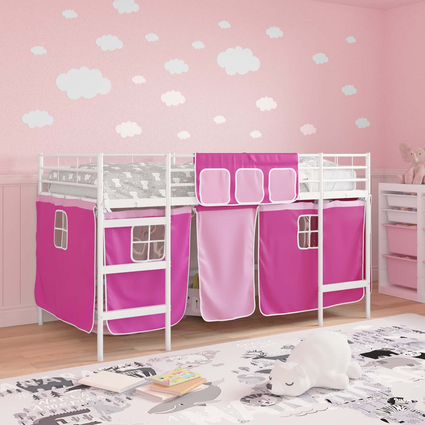 Kids'Loft Bed Frame with Curtains White and Pink 107 x 200 cm