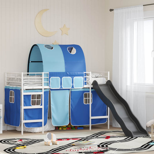 Kids'Loft Bed Frame with Curtains, Arch, Slide White and Blue
