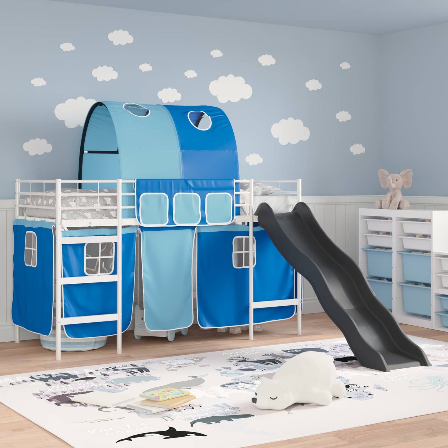 Kids'Loft Bed Frame with Curtains, Arch, Slide White and Blue