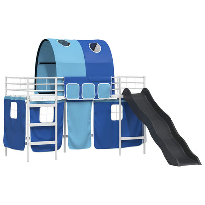 Kids'Loft Bed Frame with Curtains, Arch, Slide White and Blue