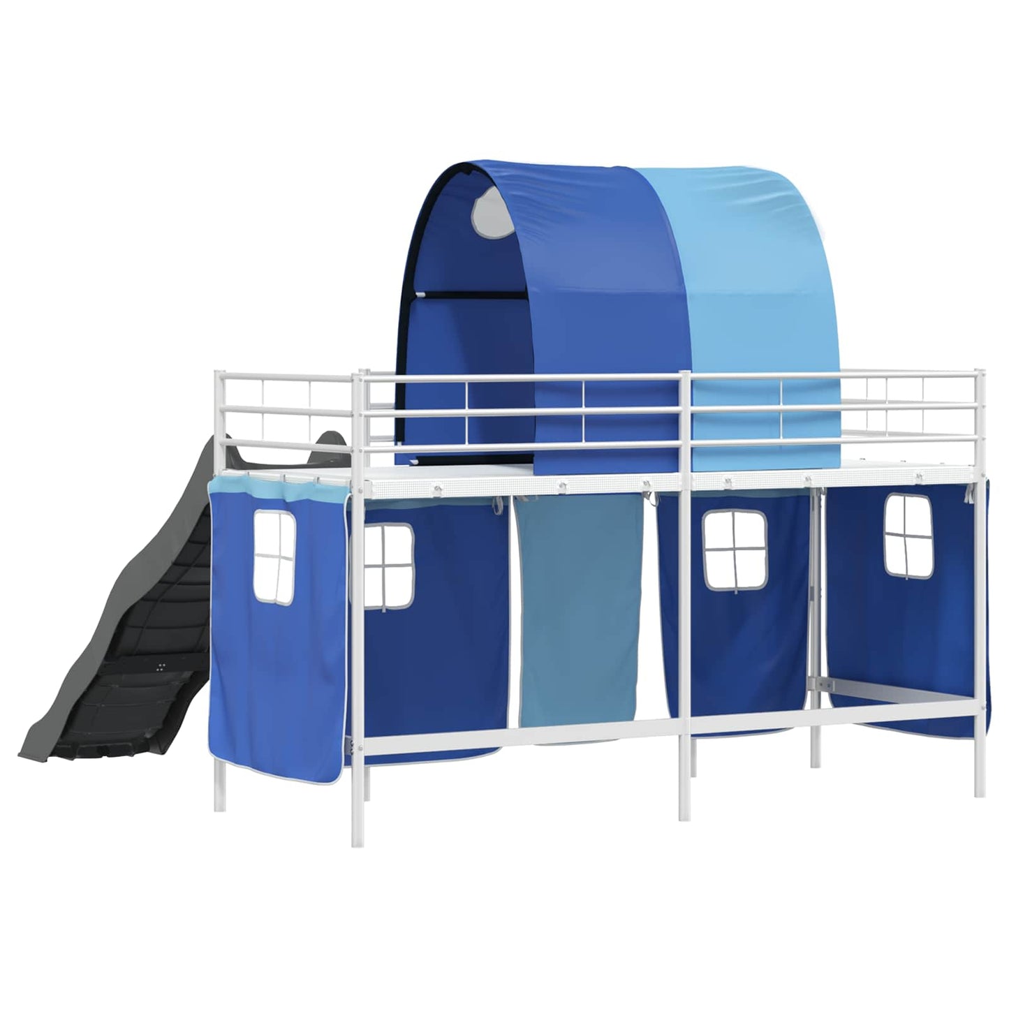 Kids'Loft Bed Frame with Curtains, Arch, Slide White and Blue