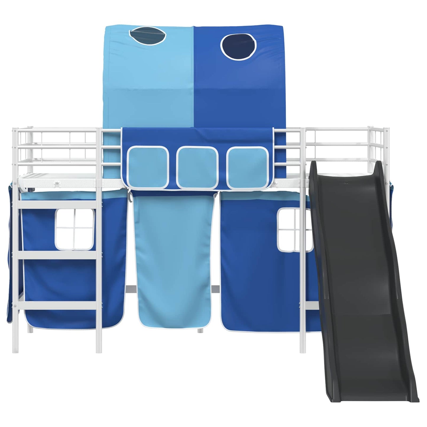 Kids'Loft Bed Frame with Curtains, Arch, Slide White and Blue