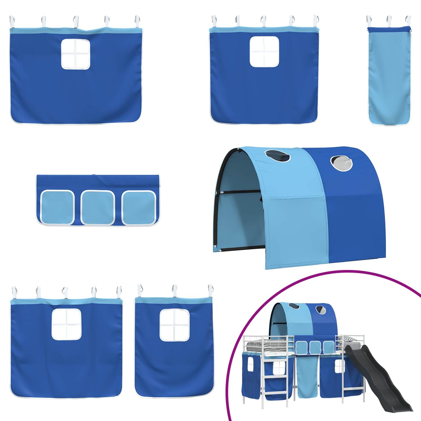 Kids'Loft Bed Frame with Curtains, Arch, Slide White and Blue