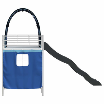 Kids'Loft Bed Frame with Curtains, Arch, Slide White and Blue
