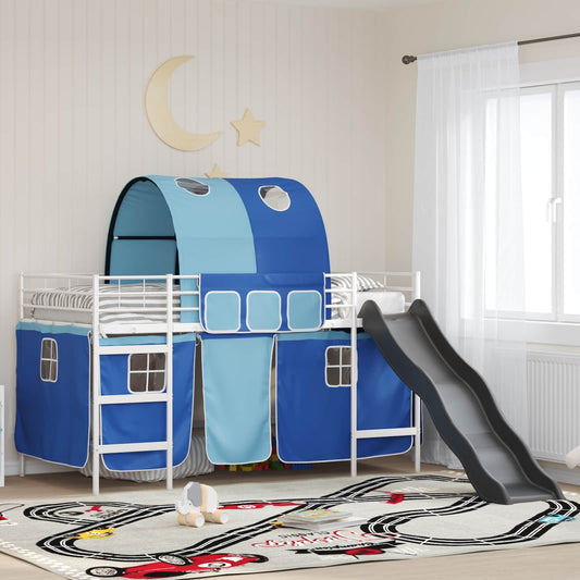 Kids'Loft Bed Frame with Curtains, Arch, Slide White and Blue