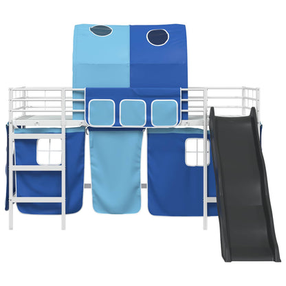Kids'Loft Bed Frame with Curtains, Arch, Slide White and Blue