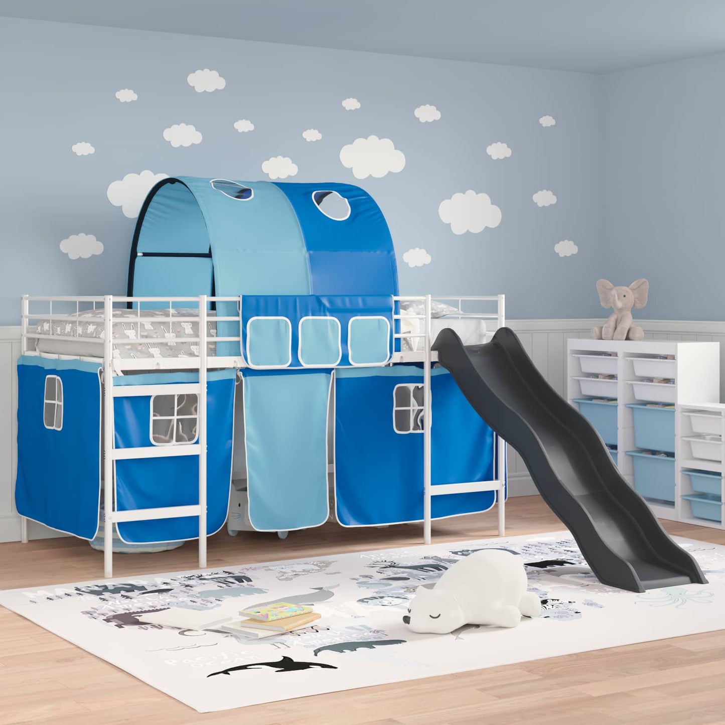 Kids'Loft Bed Frame with Curtains, Arch, Slide White and Blue
