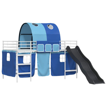 Kids'Loft Bed Frame with Curtains, Arch, Slide White and Blue