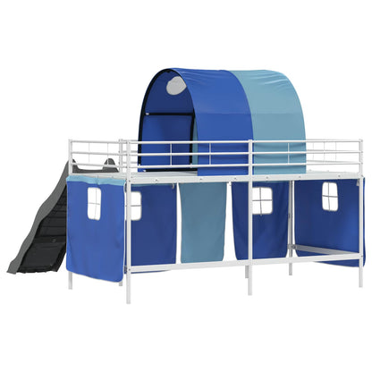 Kids'Loft Bed Frame with Curtains, Arch, Slide White and Blue