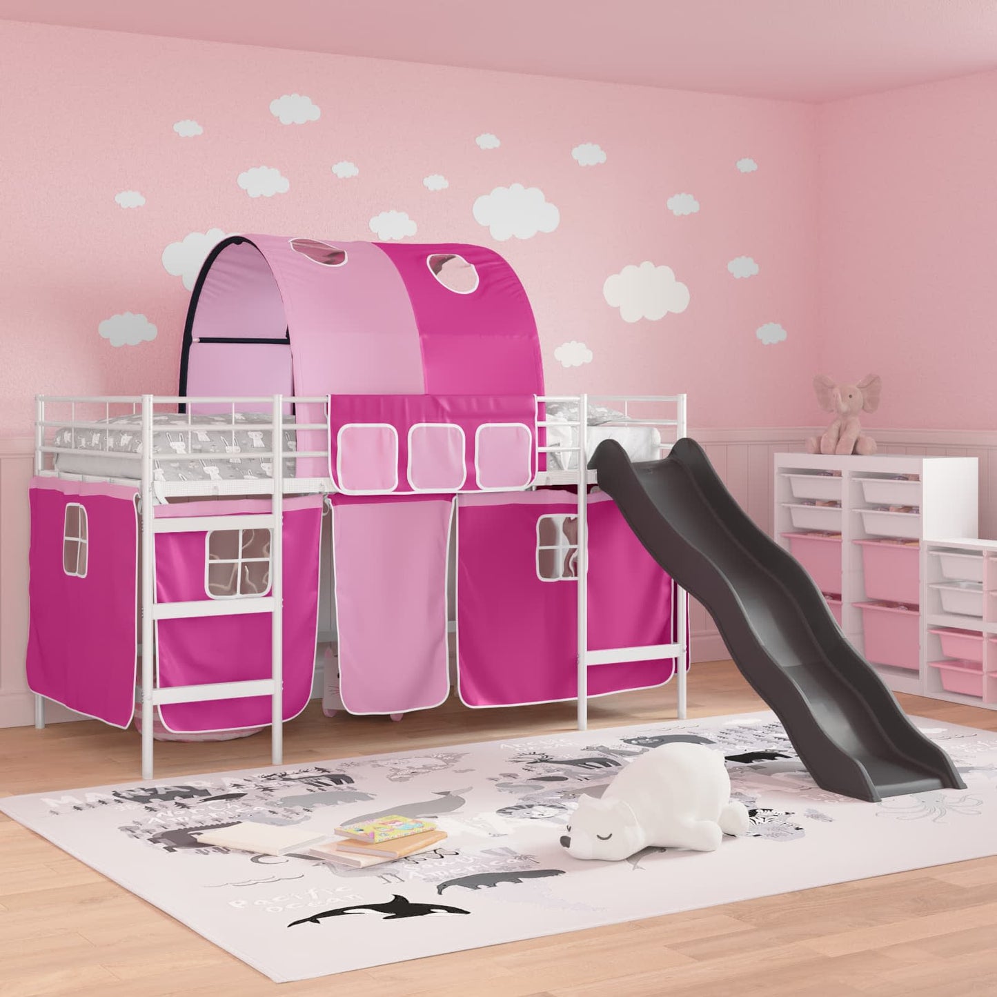 Kids'Loft Bed Frame White and Pink 90 x 200 cm Metal