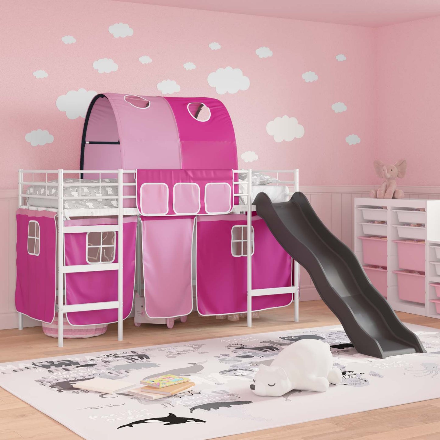 Kids'Loft Bed Frame with Curtains, Arch, Slide White and Pink