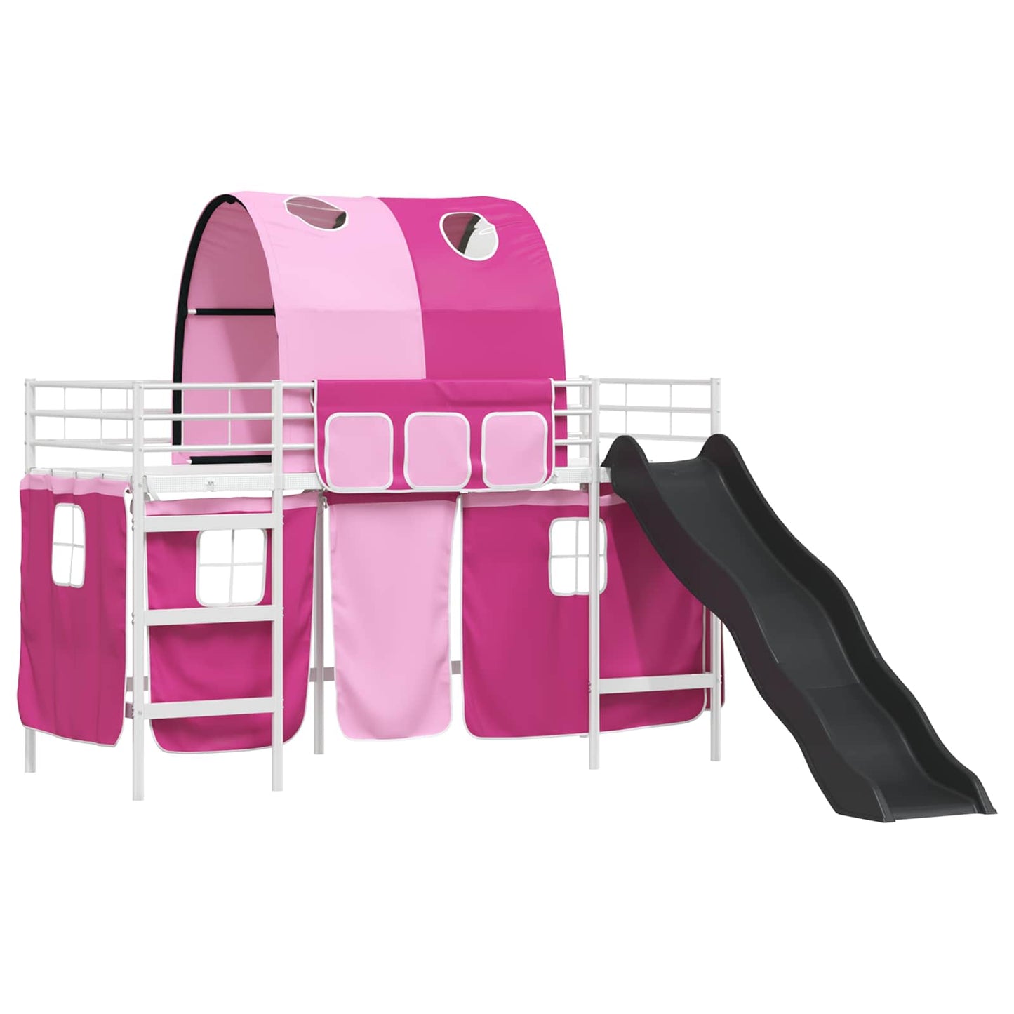 Kids'Loft Bed Frame with Curtains, Arch, Slide White and Pink