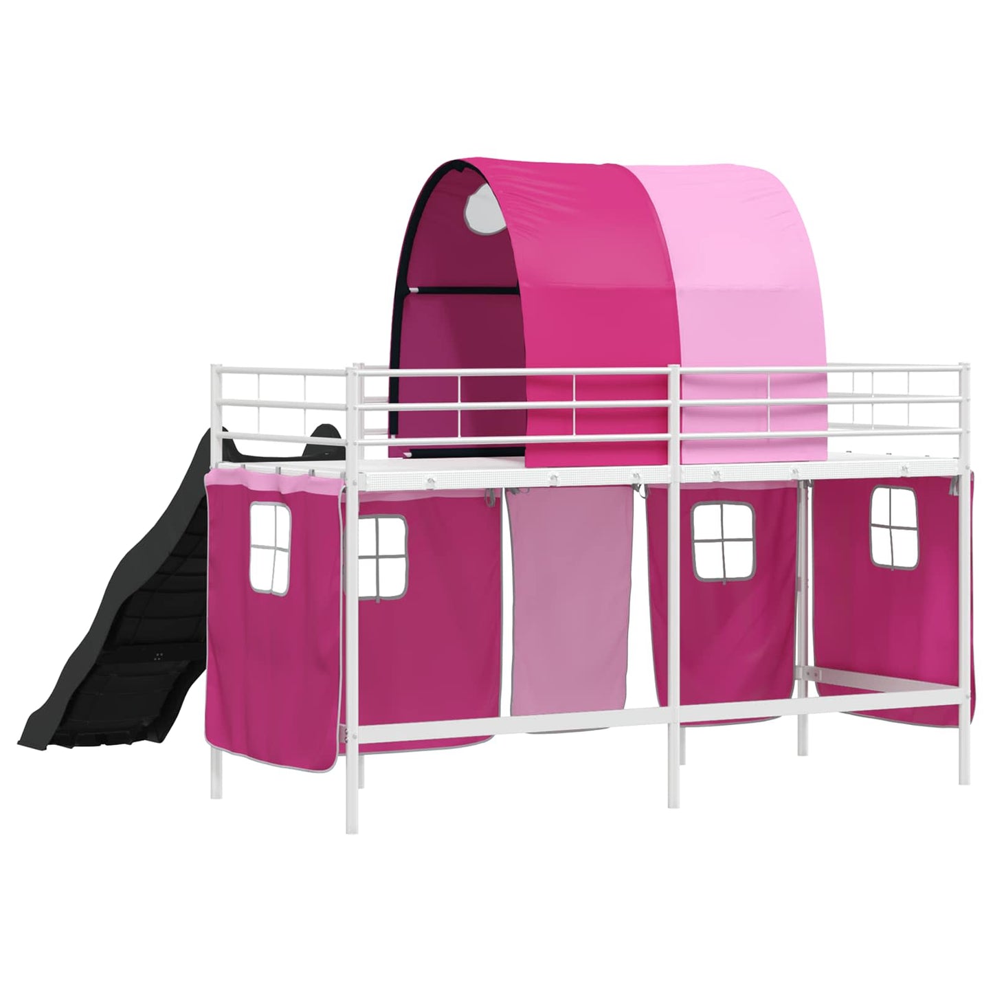 Kids'Loft Bed Frame with Curtains, Arch, Slide White and Pink