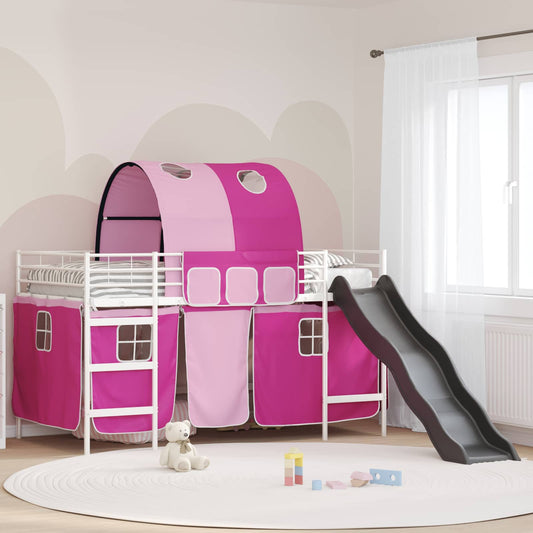 Kids'Loft Bed Frame with Curtains, Arch, Slide White and Pink