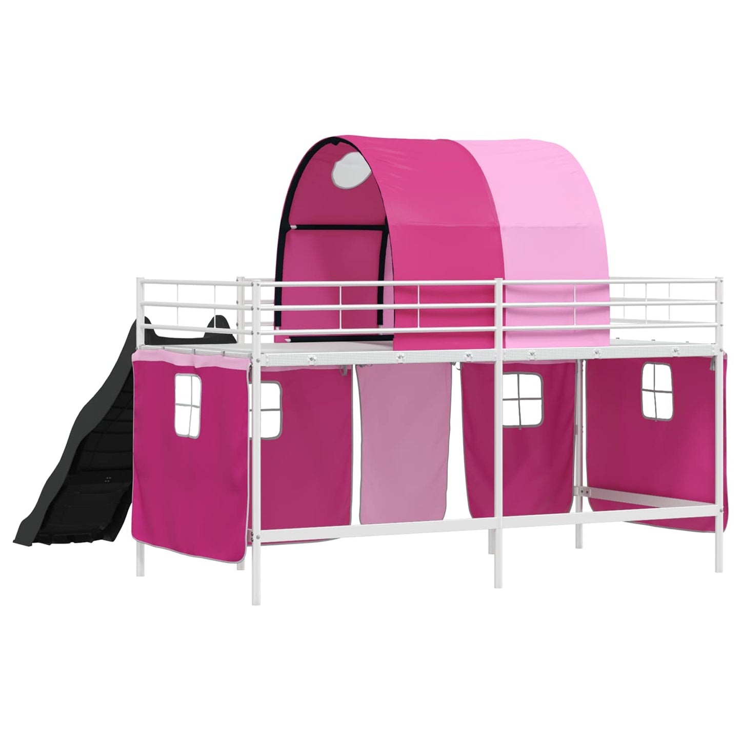 Kids'Loft Bed Frame with Curtains, Arch, Slide White and Pink
