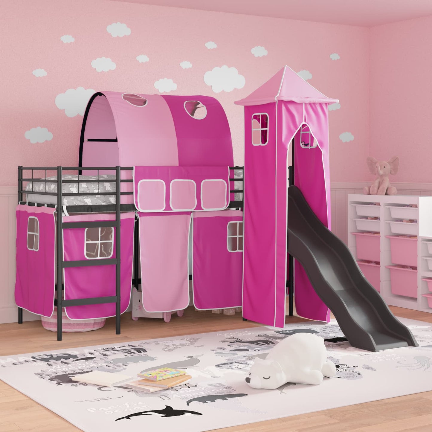 Kids'Loft Bed Frame with Curtains, Arch, Slide, Tower