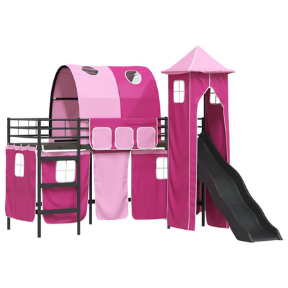 Kids'Loft Bed Frame with Curtains, Arch, Slide, Tower
