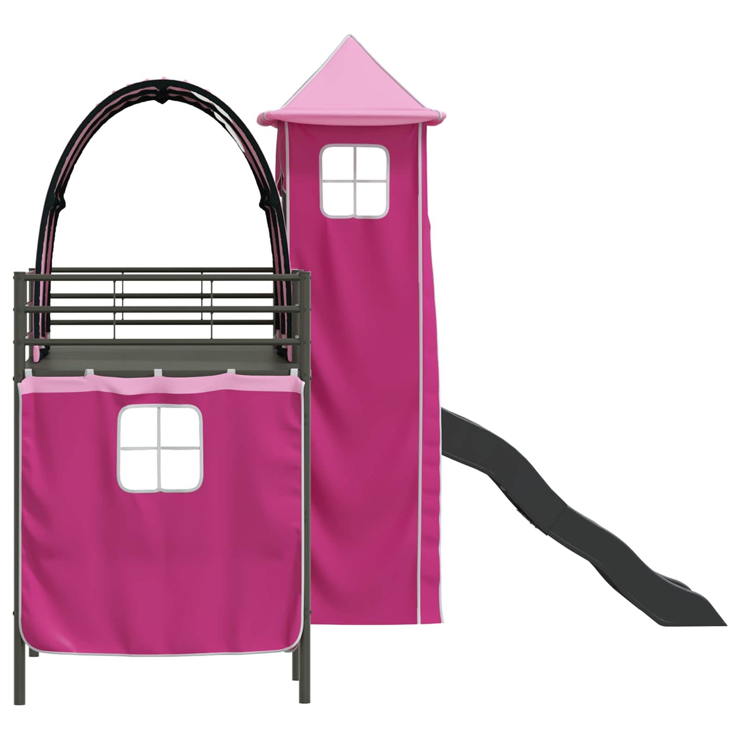 Kids'Loft Bed Frame with Curtains, Arch, Slide, Tower