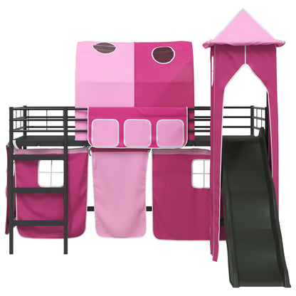 Kids'Loft Bed Frame with Curtains, Arch, Slide, Tower