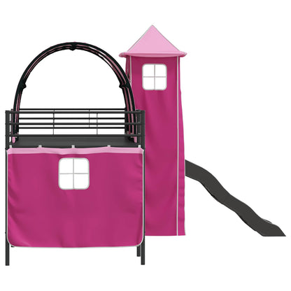Kids'Loft Bed Frame with Curtains, Arch, Slide, Tower