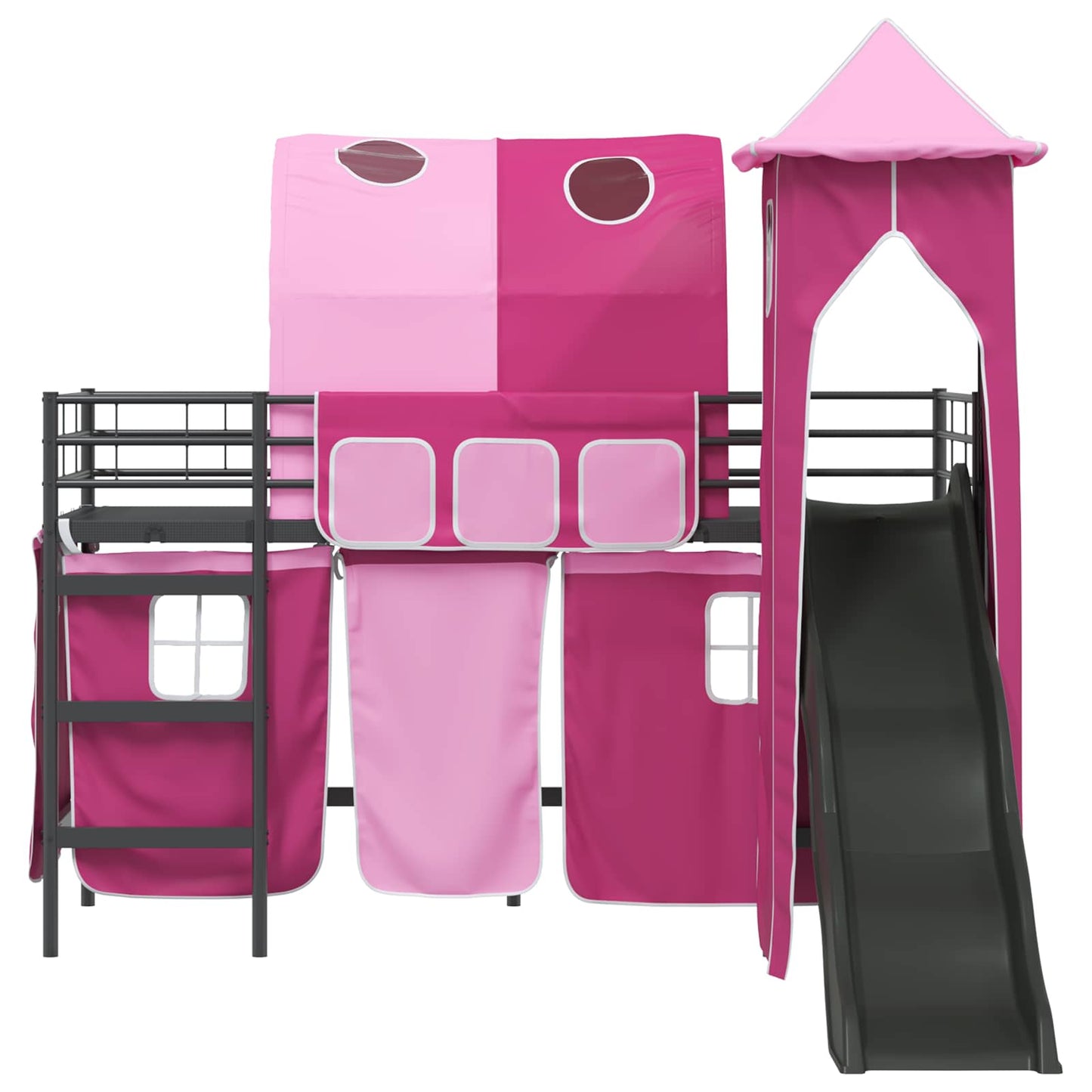 Kids'Loft Bed Frame with Curtains, Arch, Slide, Tower