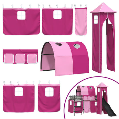 Kids'Loft Bed Frame with Curtains, Arch, Slide, Tower
