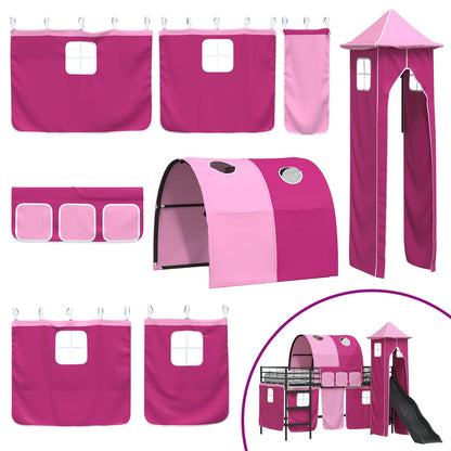 Kids'Loft Bed Frame with Curtains, Arch, Slide, Tower
