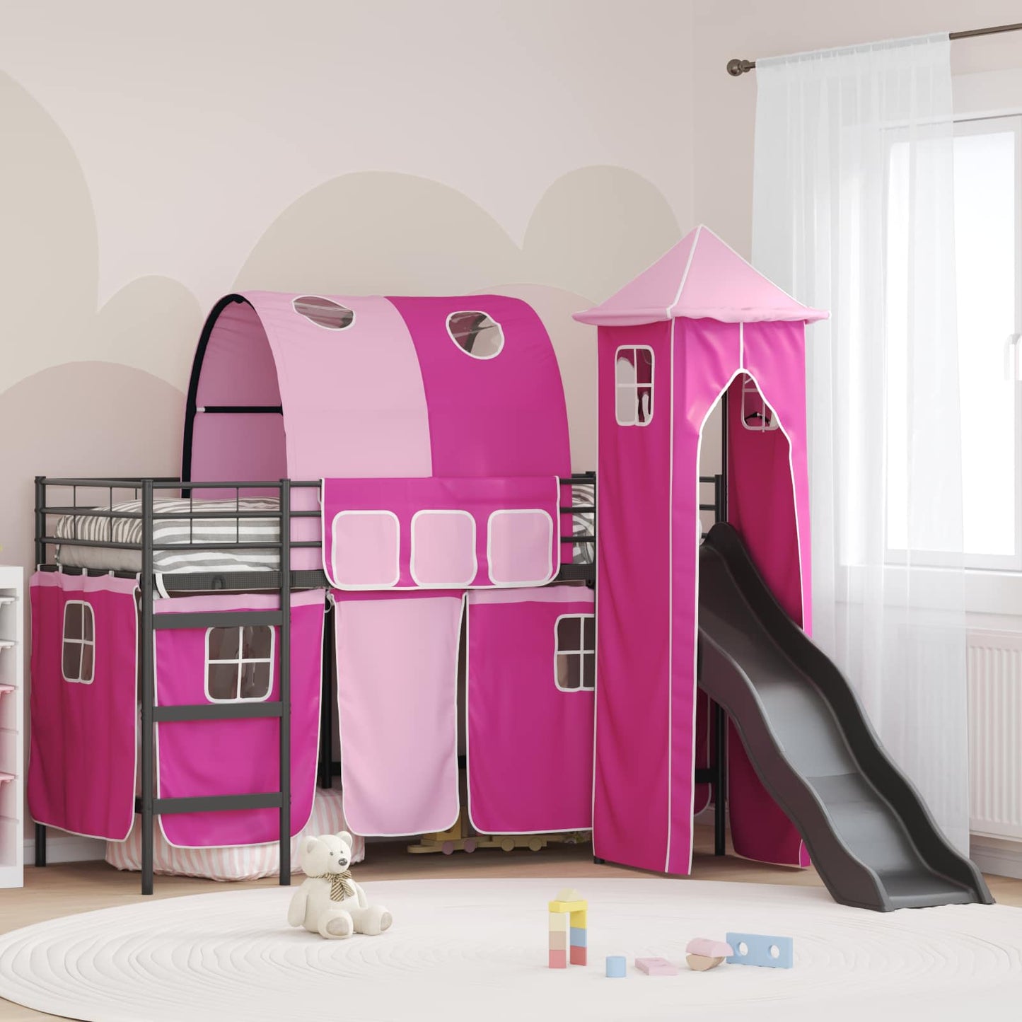 Kids'Loft Bed Frame with Curtains, Arch, Slide, Tower