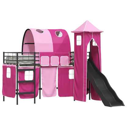 Kids'Loft Bed Frame with Curtains, Arch, Slide, Tower