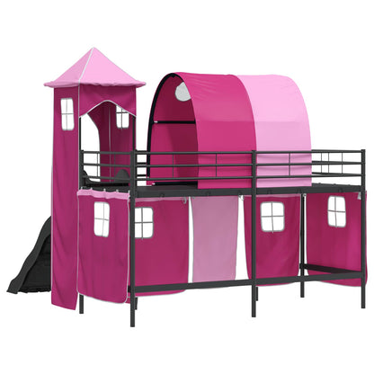 Kids'Loft Bed Frame with Curtains, Arch, Slide, Tower