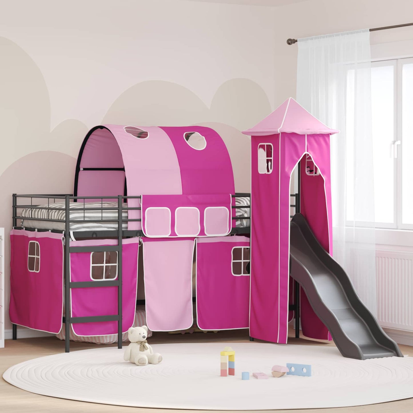 Kids'Loft Bed Frame with Curtains, Arch, Slide, Tower