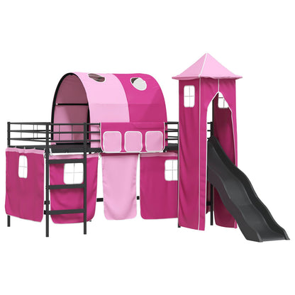 Kids'Loft Bed Frame with Curtains, Arch, Slide, Tower