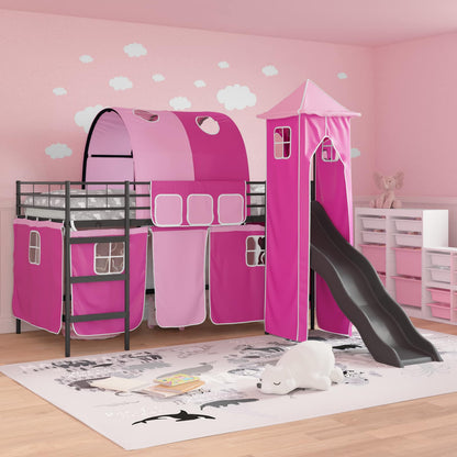 Kids'Loft Bed Frame with Curtains, Arch, Slide, Tower