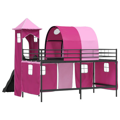 Kids'Loft Bed Frame with Curtains, Arch, Slide, Tower