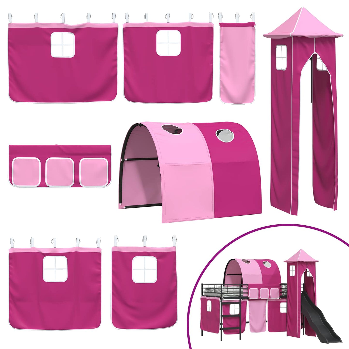 Kids'Loft Bed Frame with Curtains, Arch, Slide, Tower