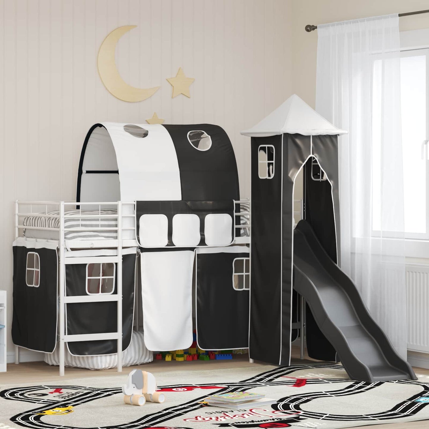 Kids'Loft Bed Frame with Curtains, Arch, Slide, Tower