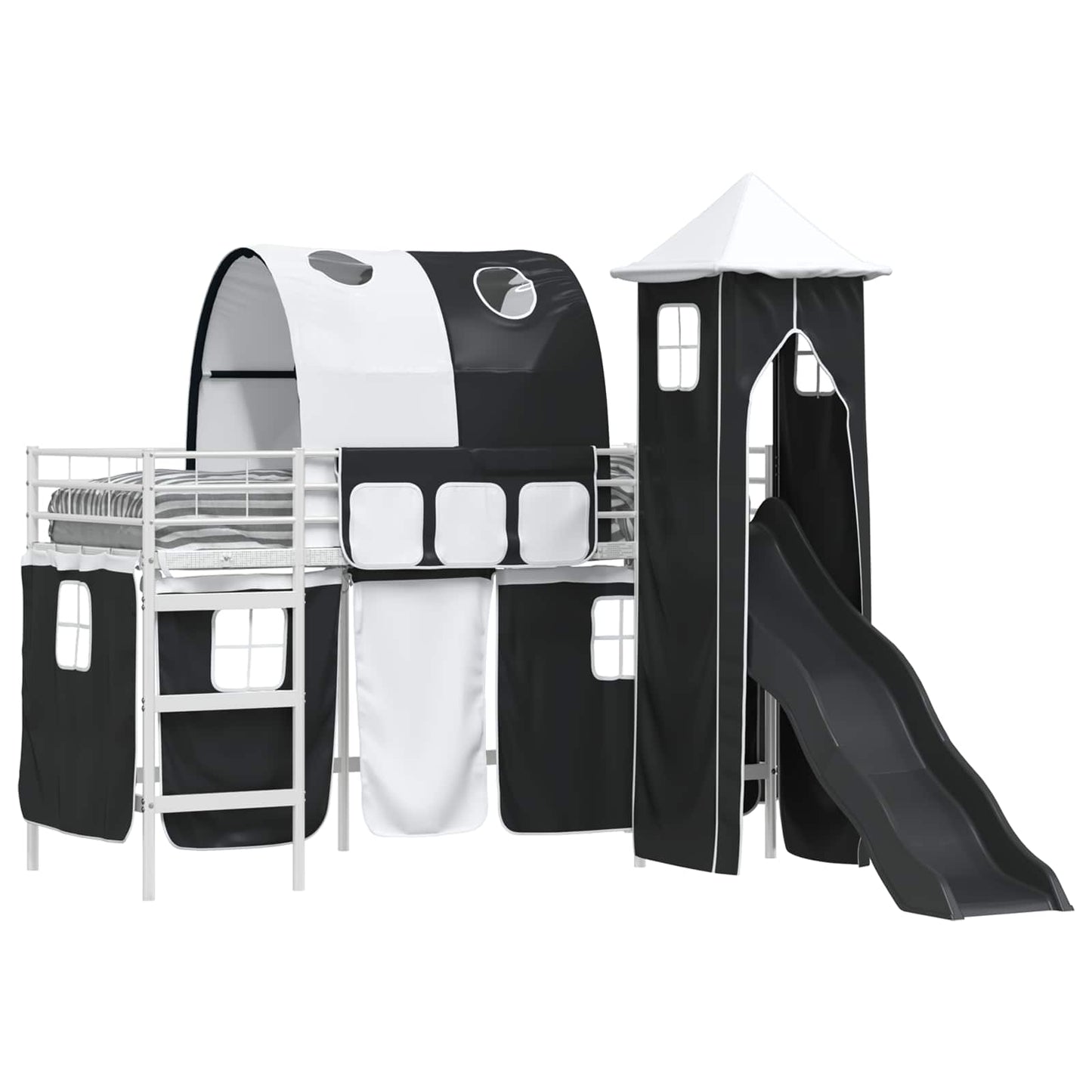 Kids'Loft Bed Frame with Curtains, Arch, Slide, Tower