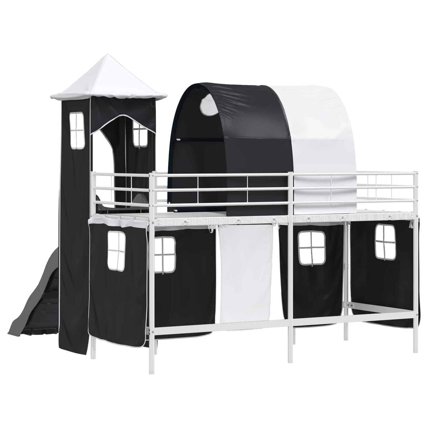 Kids'Loft Bed Frame with Curtains, Arch, Slide, Tower