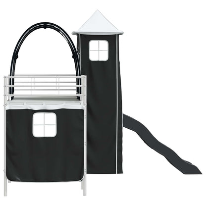 Kids'Loft Bed Frame with Curtains, Arch, Slide, Tower