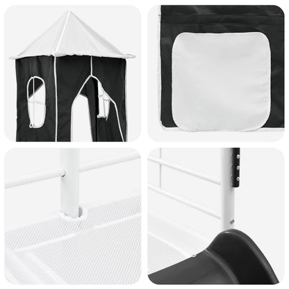 Kids'Loft Bed Frame with Curtains, Arch, Slide, Tower