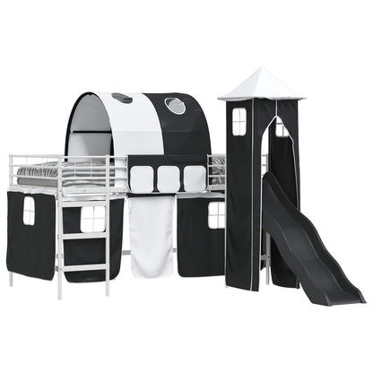 Kids'Loft Bed Frame with Curtains, Arch, Slide, Tower