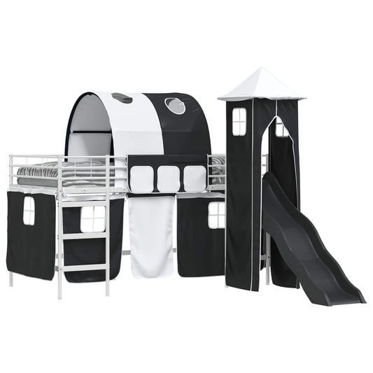 Kids'Loft Bed Frame with Curtains, Arch, Slide, Tower