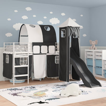 Kids'Loft Bed Frame with Curtains, Arch, Slide, Tower