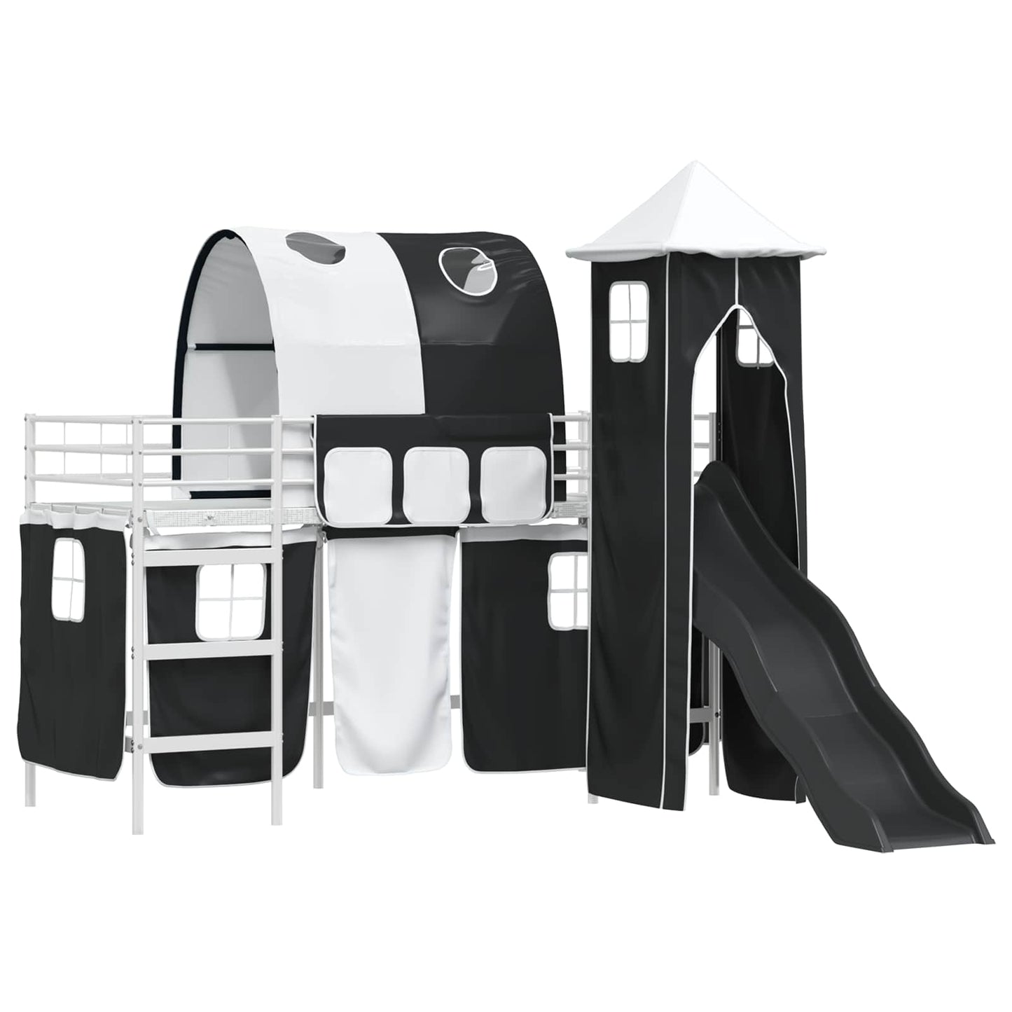 Kids'Loft Bed Frame with Curtains, Arch, Slide, Tower