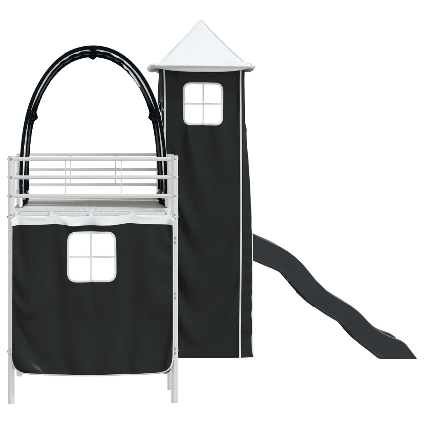Kids'Loft Bed Frame with Curtains, Arch, Slide, Tower