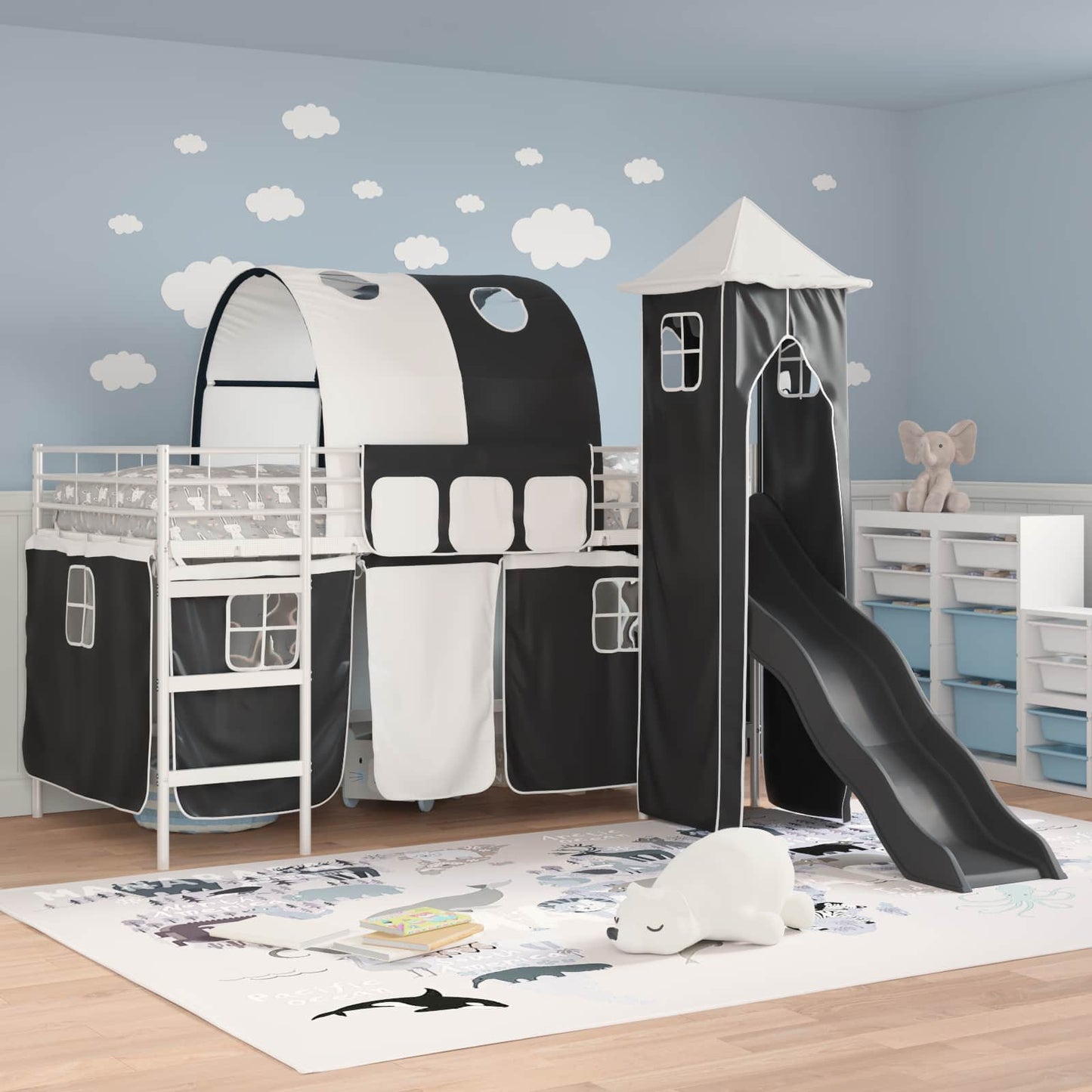 Kids'Loft Bed Frame with Curtains, Arch, Slide, Tower