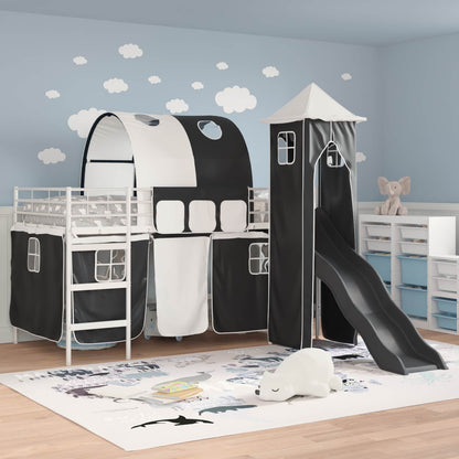 Kids'Loft Bed Frame with Curtains, Arch, Slide, Tower